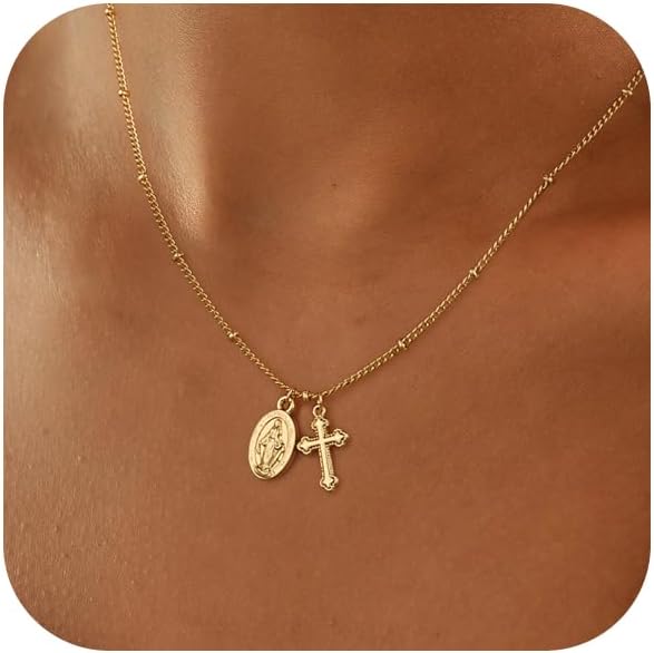 Cross Necklace for Women 14K Real Gold Silver Plated Dainty Small Cross Pendant Choker Simple Trendy Cute Cross Charm Chain Necklace Faith Jewelry Religious Minimalist Gift