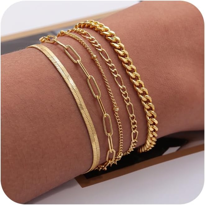 DEARMAY Gold Bracelets for Women Waterproof, 14K Real Gold Jewelry Sets for Women Trendy Thin Dainty Stackable Cuban Link Paperclip Chain Bracelet Pack Fashion Accessories Gifts for Womens