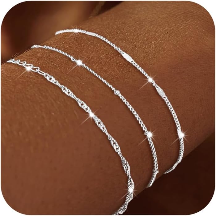 DEARMAY Dainty Silver Bracelets for Women Trendy, 925 Sterling Silver Jewelry Set for Women Bracelets for Women Paperclip Box Herringbone Figaro Rope Chain Bracelet Fashion Pack Gifts for Women