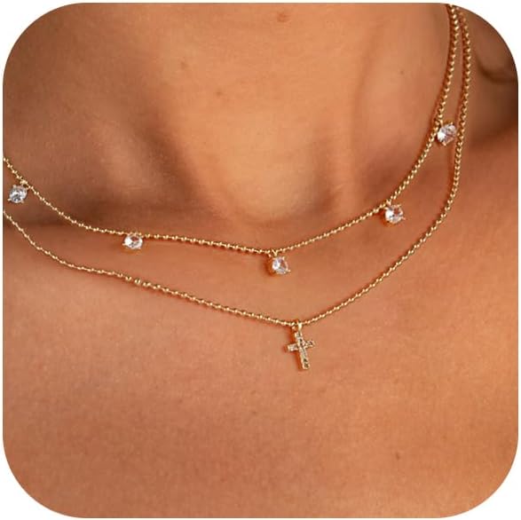 Cross Necklace for Women 14K Real Gold Silver Plated Dainty Small Cross Pendant Choker Simple Trendy Cute Cross Charm Chain Necklace Faith Jewelry Religious Minimalist Gift