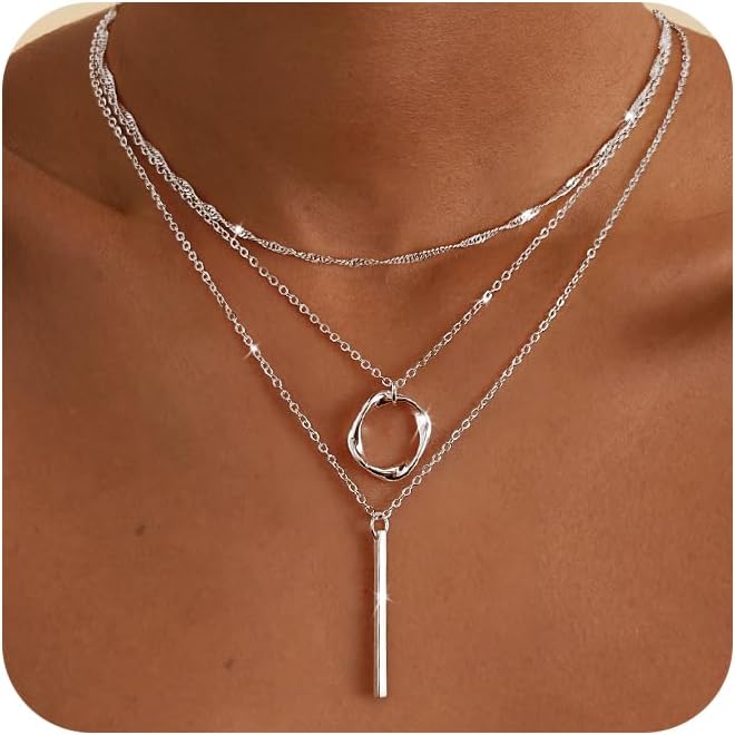 Layered Silver Necklaces for Women, Sterling Silver Stackable Stack Choker Necklaces for Women Trendy Layering Circle Pendant Chain Necklace Set Jewelry for Women