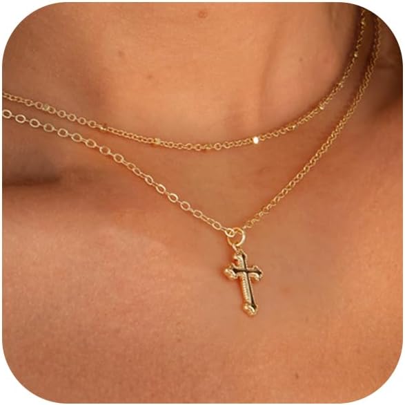 Cross Necklace for Women 14K Real Gold Silver Plated Dainty Small Cross Pendant Choker Simple Trendy Cute Cross Charm Chain Necklace Faith Jewelry Religious Minimalist Gift