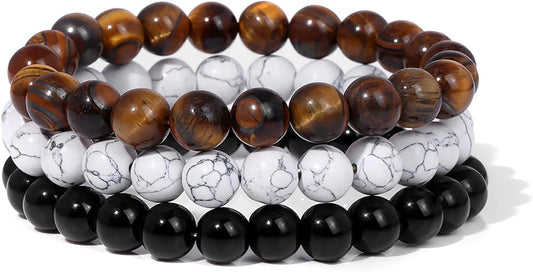 3Pcs 8mm Mens Beaded Bracelets Natural Stone Bracelets Tiger Eye Men Bracelet Set Adjustable Mens Bead Bracelet Black Crystal Stretch Bracelets Men Jewelry Gift