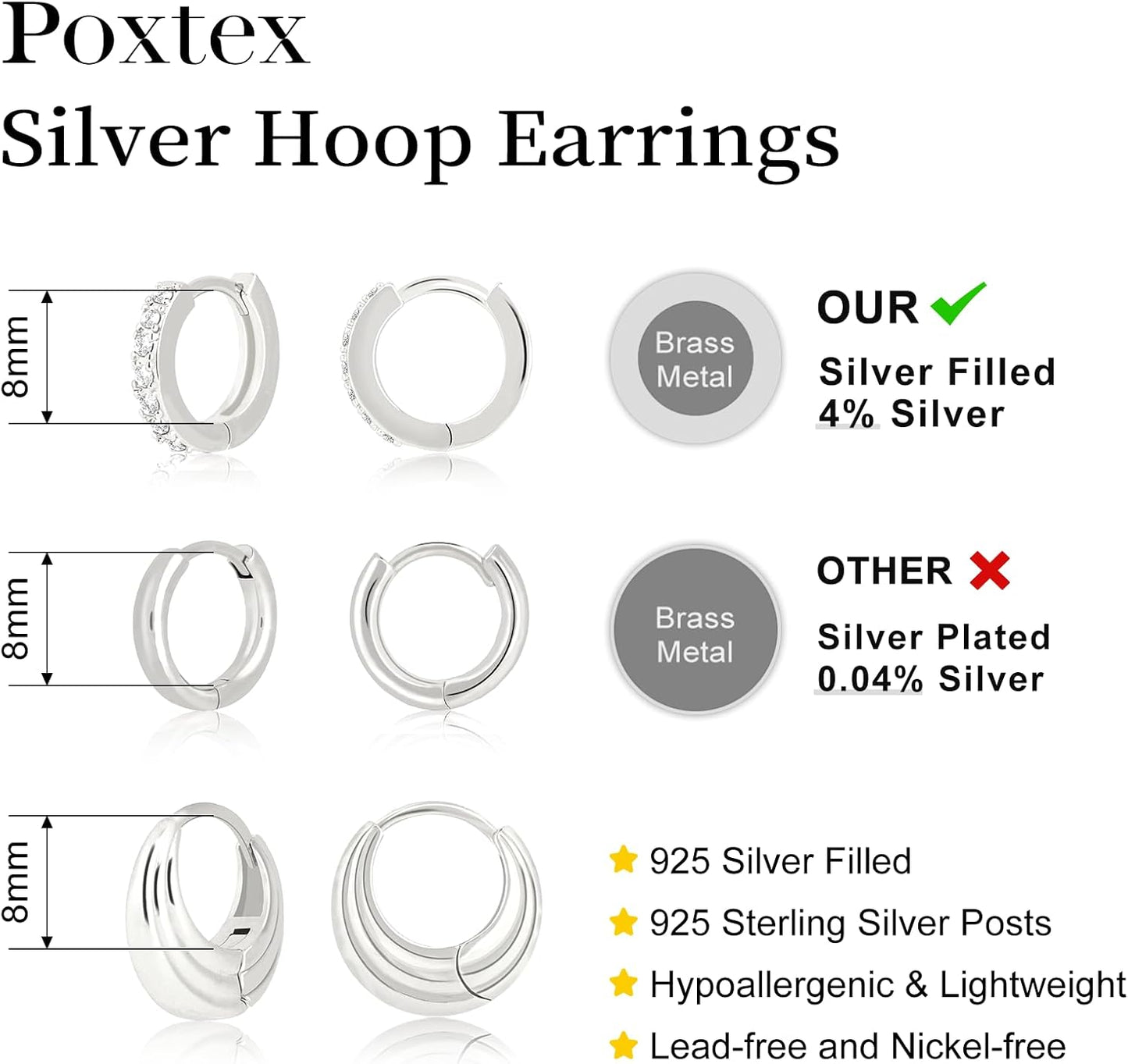 Small Sterling Silver Hoop Huggie Earrings Set for Women, Silver Stud Earrings for Multiple Piercing Hypoallergenic Trendy Jewelry, Dainty Jackets Cartilage Cubic Zircon Earrings for Women's Gifts