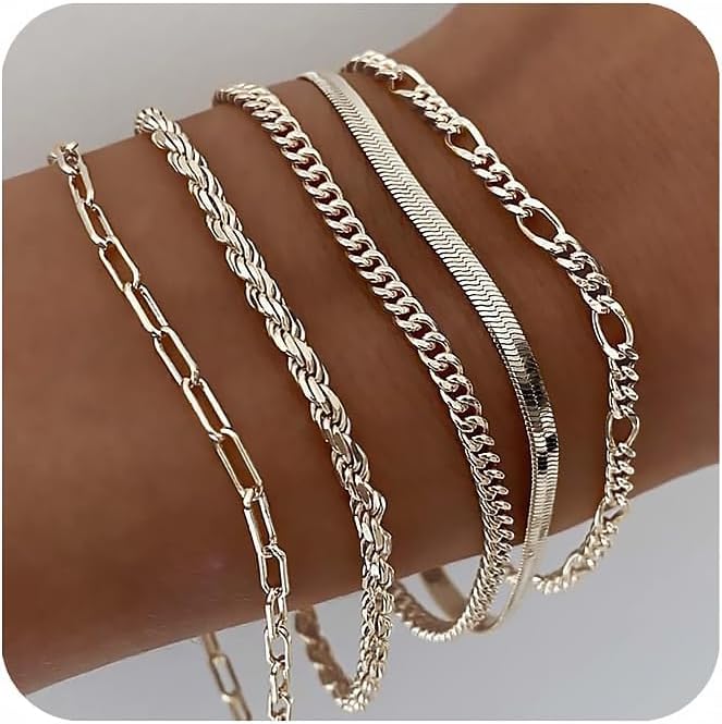 DEARMAY Gold Bracelets for Women Waterproof, 14K Real Gold Jewelry Sets for Women Trendy Thin Dainty Stackable Cuban Link Paperclip Chain Bracelet Pack Fashion Accessories Gifts for Womens