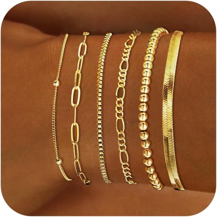 DEARMAY Gold Bracelets for Women Waterproof, 14K Real Gold Jewelry Sets for Women Trendy Thin Dainty Stackable Cuban Link Paperclip Chain Bracelet Pack Fashion Accessories Gifts for Womens