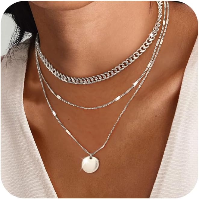 Layered Silver Necklaces for Women, Sterling Silver Stackable Stack Choker Necklaces for Women Trendy Layering Circle Pendant Chain Necklace Set Jewelry for Women