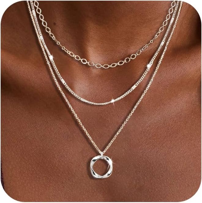 Layered Silver Necklaces for Women, Sterling Silver Stackable Stack Choker Necklaces for Women Trendy Layering Circle Pendant Chain Necklace Set Jewelry for Women