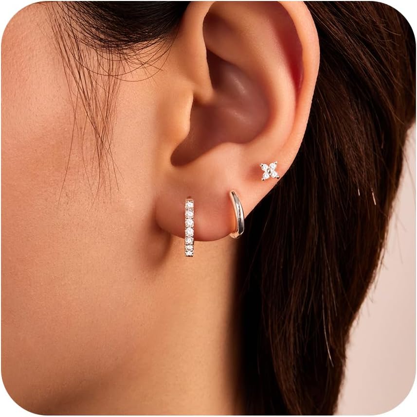 Small Sterling Silver Hoop Huggie Earrings Set for Women, Silver Stud Earrings for Multiple Piercing Hypoallergenic Trendy Jewelry, Dainty Jackets Cartilage Cubic Zircon Earrings for Women's Gifts