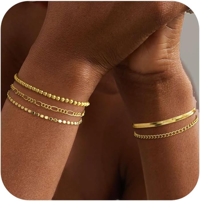 DEARMAY Gold Bracelets for Women Waterproof, 14K Real Gold Jewelry Sets for Women Trendy Thin Dainty Stackable Cuban Link Paperclip Chain Bracelet Pack Fashion Accessories Gifts for Womens