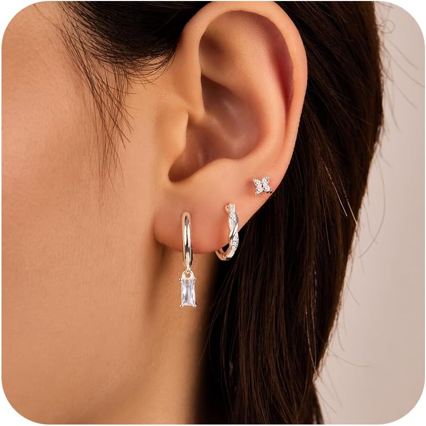 Small Sterling Silver Hoop Huggie Earrings Set for Women, Silver Stud Earrings for Multiple Piercing Hypoallergenic Trendy Jewelry, Dainty Jackets Cartilage Cubic Zircon Earrings for Women's Gifts