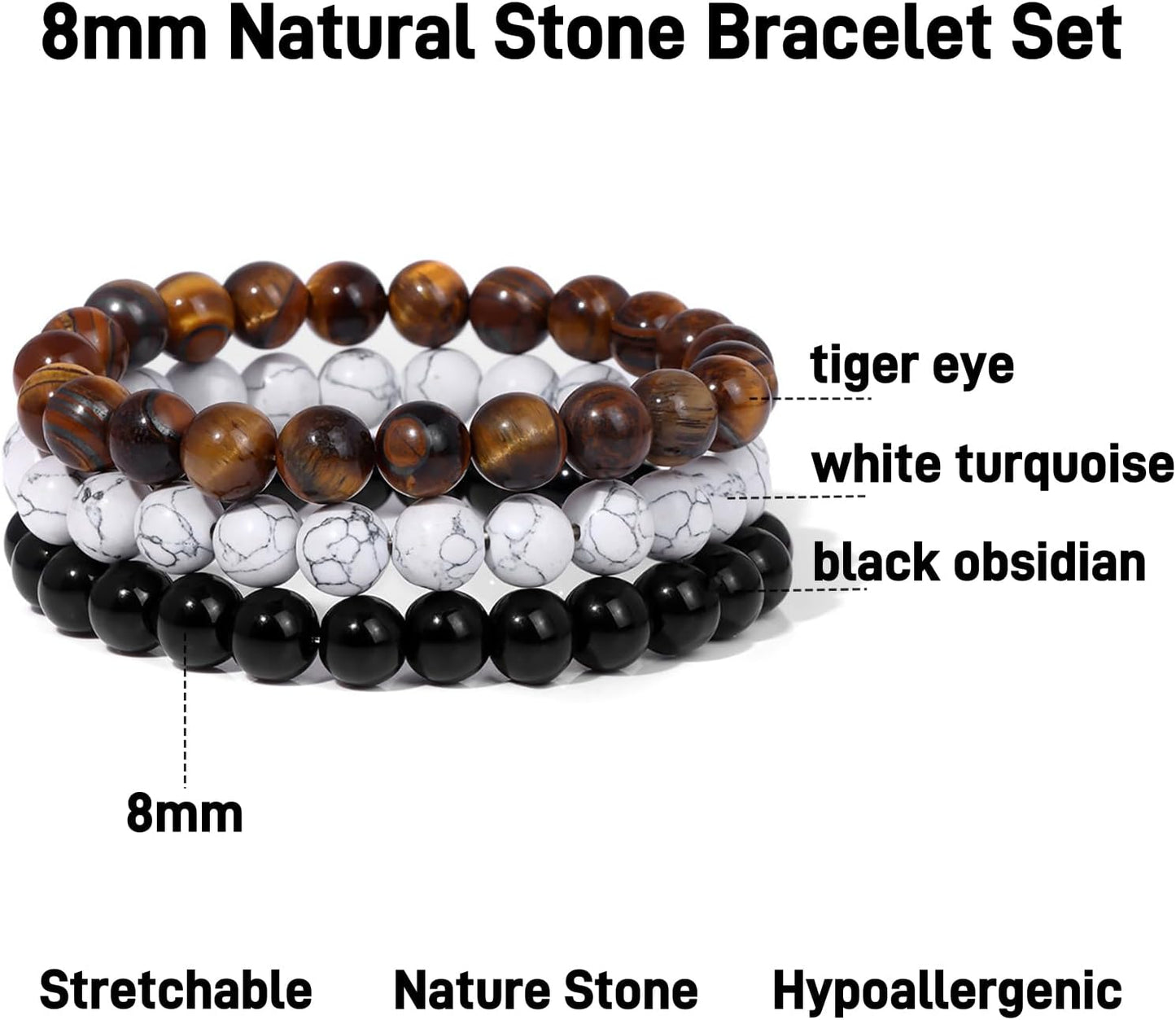 3Pcs 8mm Mens Beaded Bracelets Natural Stone Bracelets Tiger Eye Men Bracelet Set Adjustable Mens Bead Bracelet Black Crystal Stretch Bracelets Men Jewelry Gift