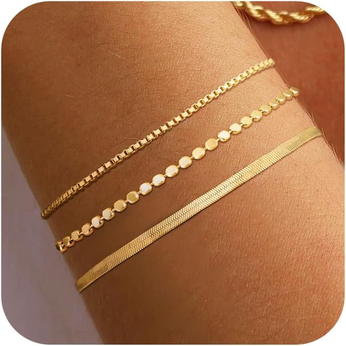 DEARMAY Dainty Silver Bracelets for Women Trendy, 925 Sterling Silver Jewelry Set for Women Bracelets for Women Paperclip Box Herringbone Figaro Rope Chain Bracelet Fashion Pack Gifts for Women