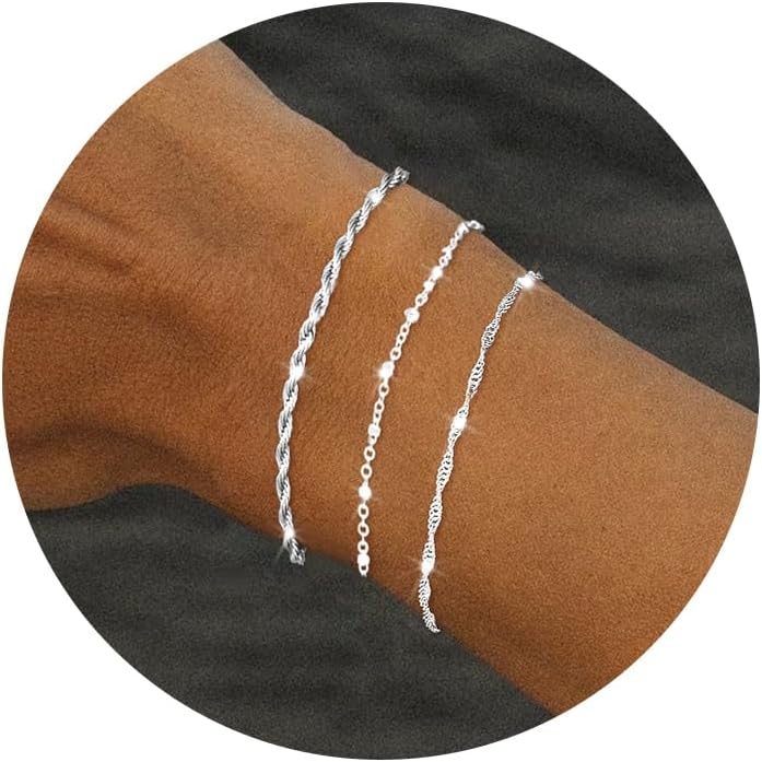 DEARMAY Dainty Silver Bracelets for Women Trendy, 925 Sterling Silver Jewelry Set for Women Bracelets for Women Paperclip Box Herringbone Figaro Rope Chain Bracelet Fashion Pack Gifts for Women