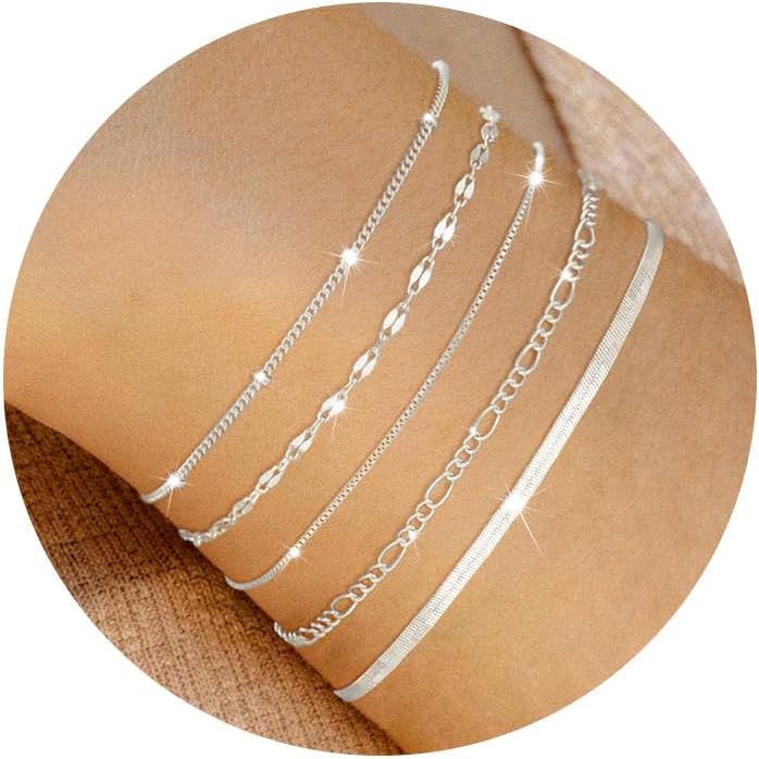 MBW Silver Bracelets for Women, Dainty Silver Bracelets for Women Set 14K Silver Bracelet Stack Waterproof Jewelry for Women Trendy Minimalist Simple Small Thin Bracelet Set for Women Gift