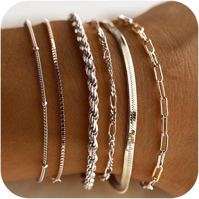 DEARMAY Gold Bracelets for Women Waterproof, 14K Real Gold Jewelry Sets for Women Trendy Thin Dainty Stackable Cuban Link Paperclip Chain Bracelet Pack Fashion Accessories Gifts for Womens