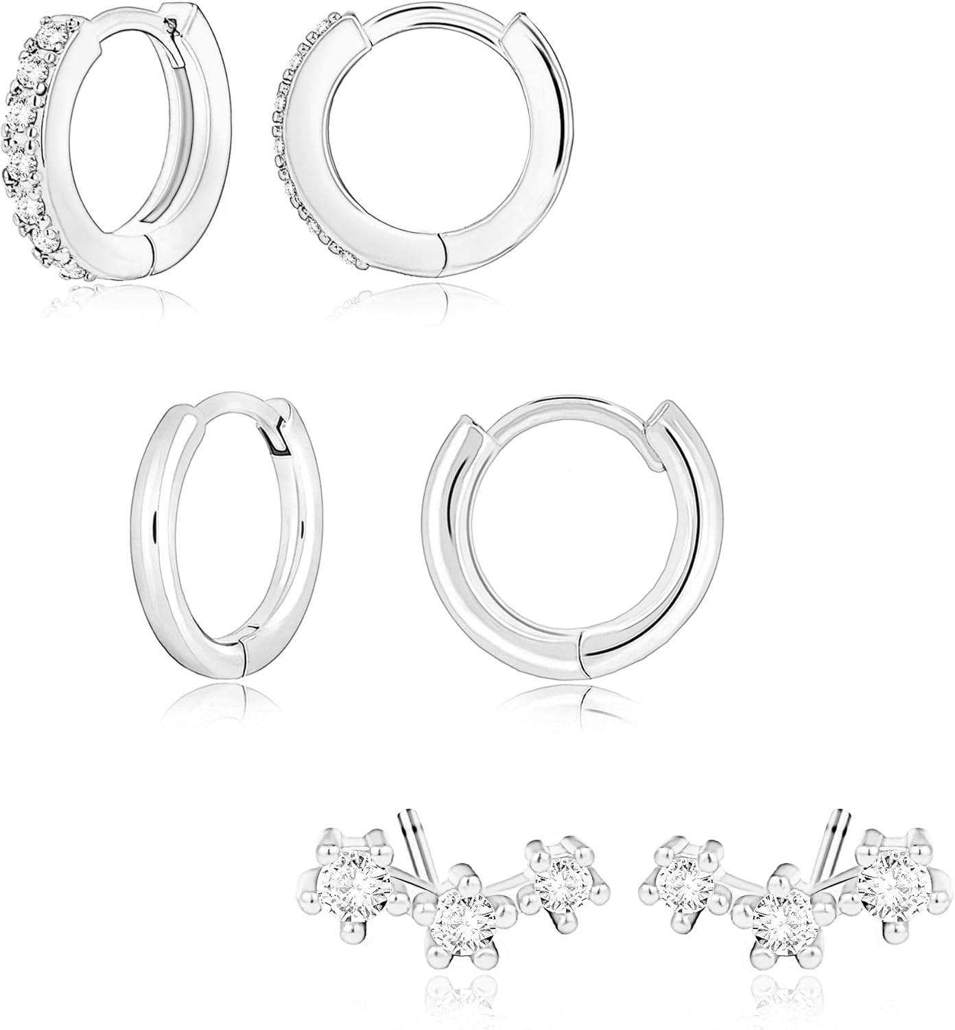 Small Sterling Silver Hoop Huggie Earrings Set for Women, Silver Stud Earrings for Multiple Piercing Hypoallergenic Trendy Jewelry, Dainty Jackets Cartilage Cubic Zircon Earrings for Women's Gifts