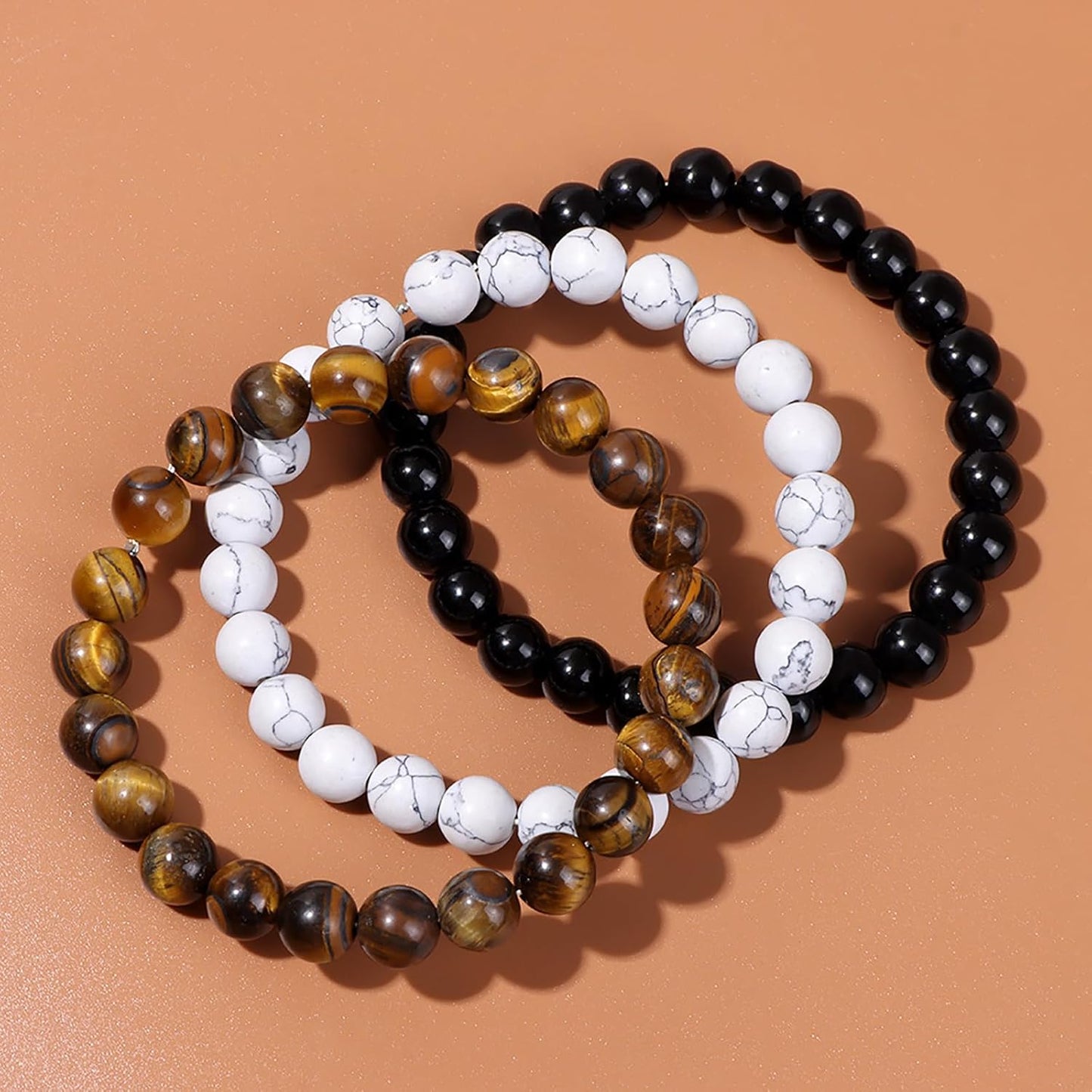 3Pcs 8mm Mens Beaded Bracelets Natural Stone Bracelets Tiger Eye Men Bracelet Set Adjustable Mens Bead Bracelet Black Crystal Stretch Bracelets Men Jewelry Gift