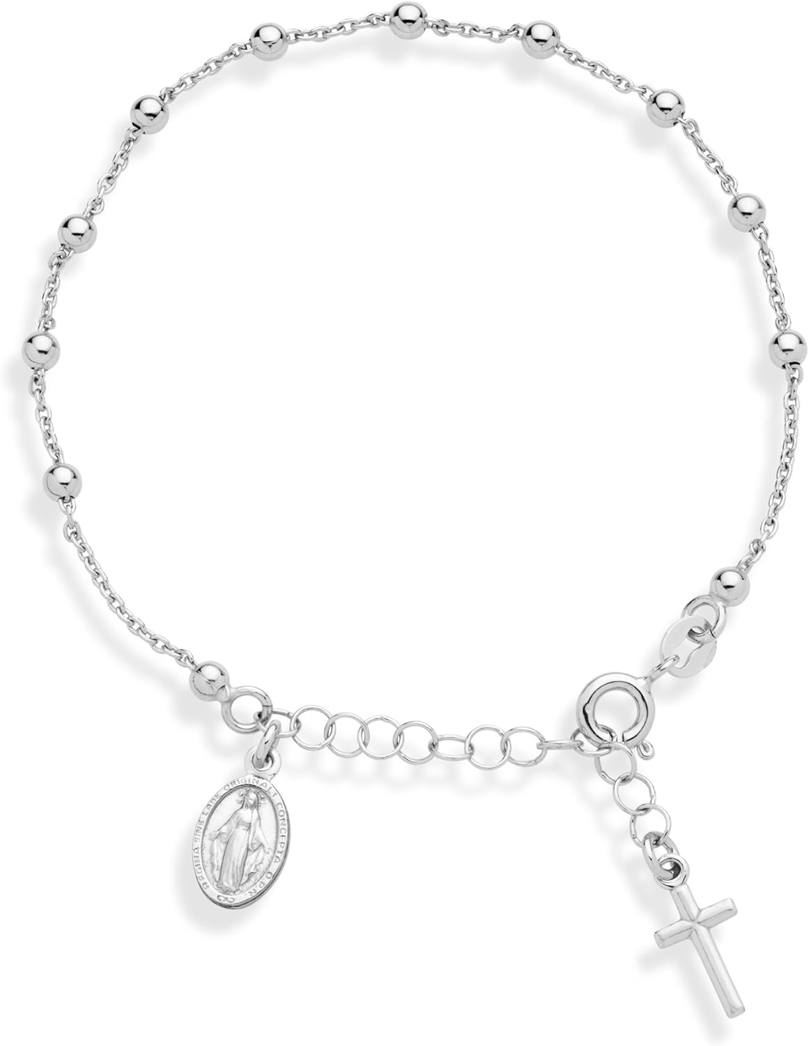 Miabella 925 Sterling Silver Italian Rosary Cross Bead Charm Link Chain Bracelet for Women, Adjustable, Made in Italy