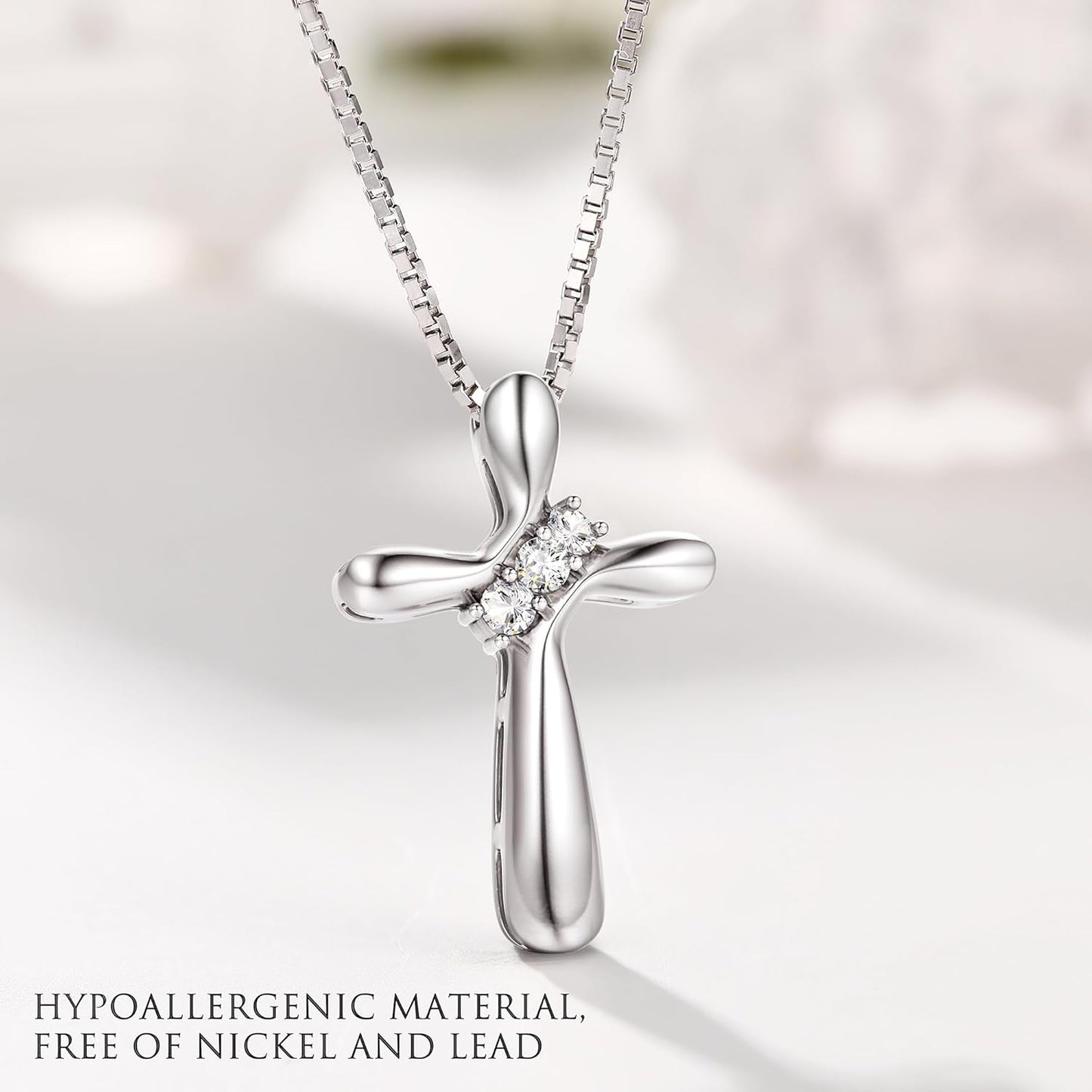 FUNRUN JEWELRY 925 Sterling Silver Cross Necklace for Women 3 Stone Cubic Zirconia Silver Cross Pendant Necklaces with 1 MM Box Chain,18 Inches