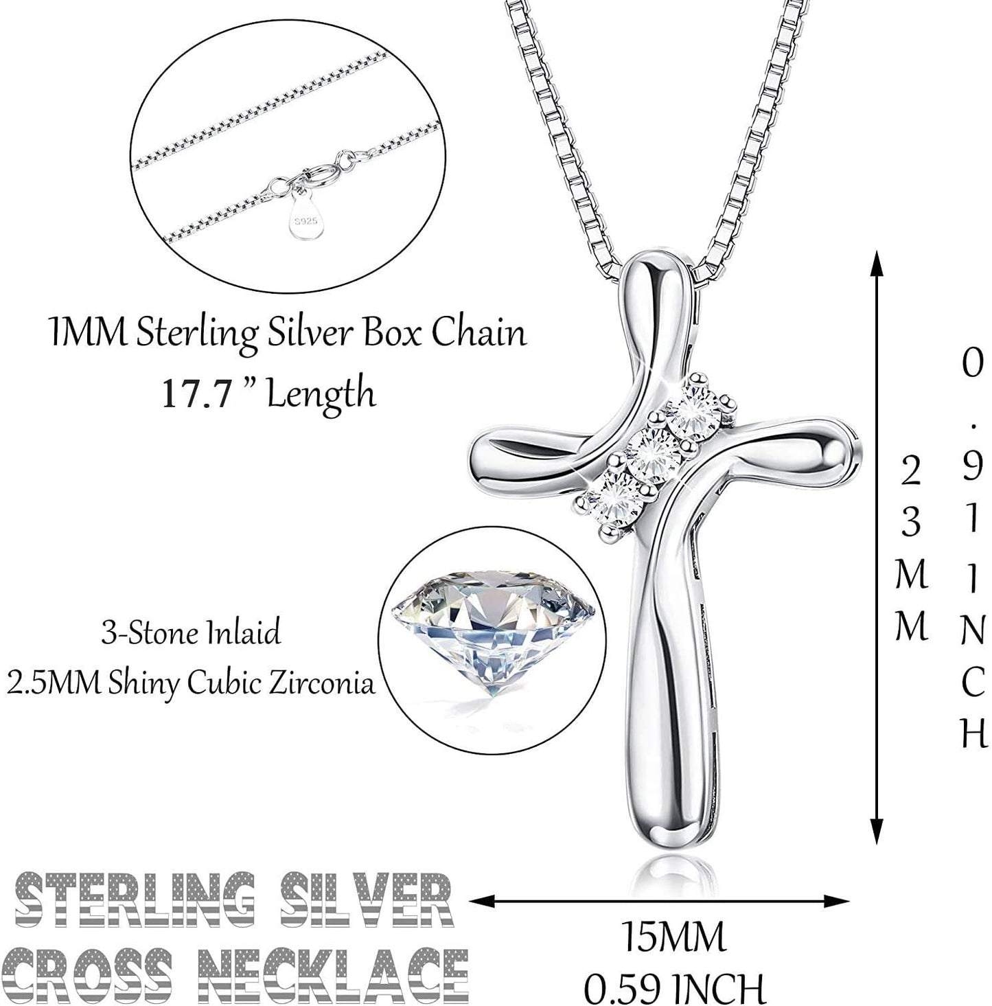 FUNRUN JEWELRY 925 Sterling Silver Cross Necklace for Women 3 Stone Cubic Zirconia Silver Cross Pendant Necklaces with 1 MM Box Chain,18 Inches