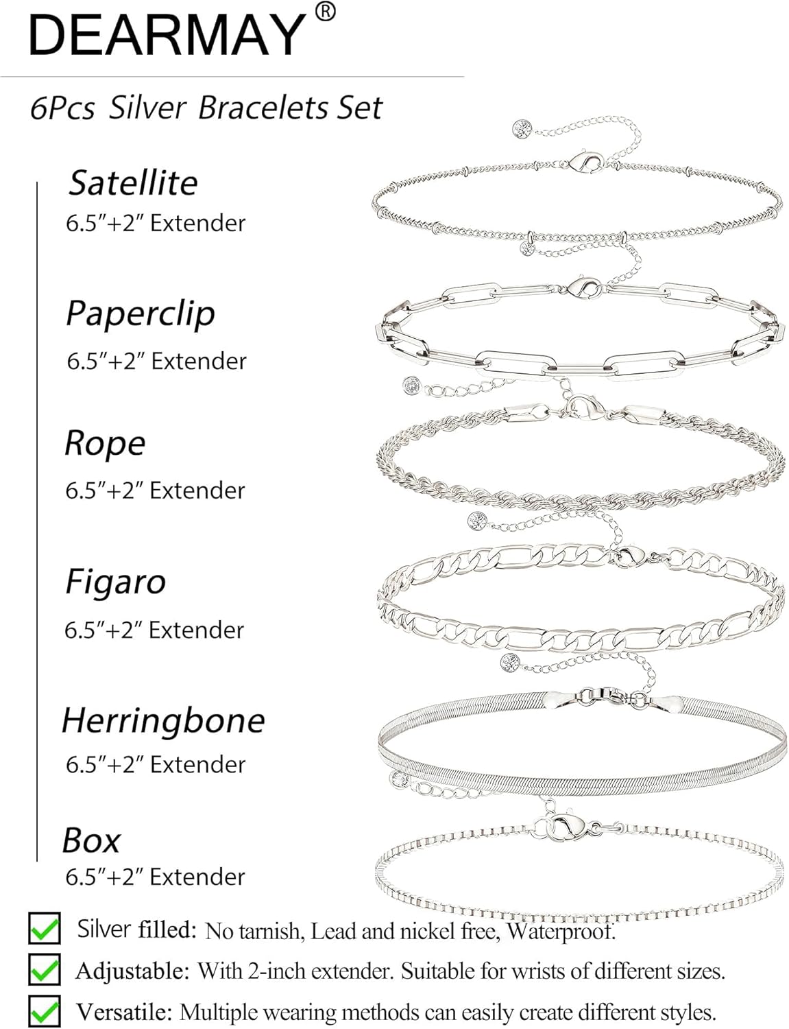 DEARMAY Dainty Silver Bracelets for Women Trendy, 925 Sterling Silver Jewelry Set for Women Bracelets for Women Paperclip Box Herringbone Figaro Rope Chain Bracelet Fashion Pack Gifts for Women