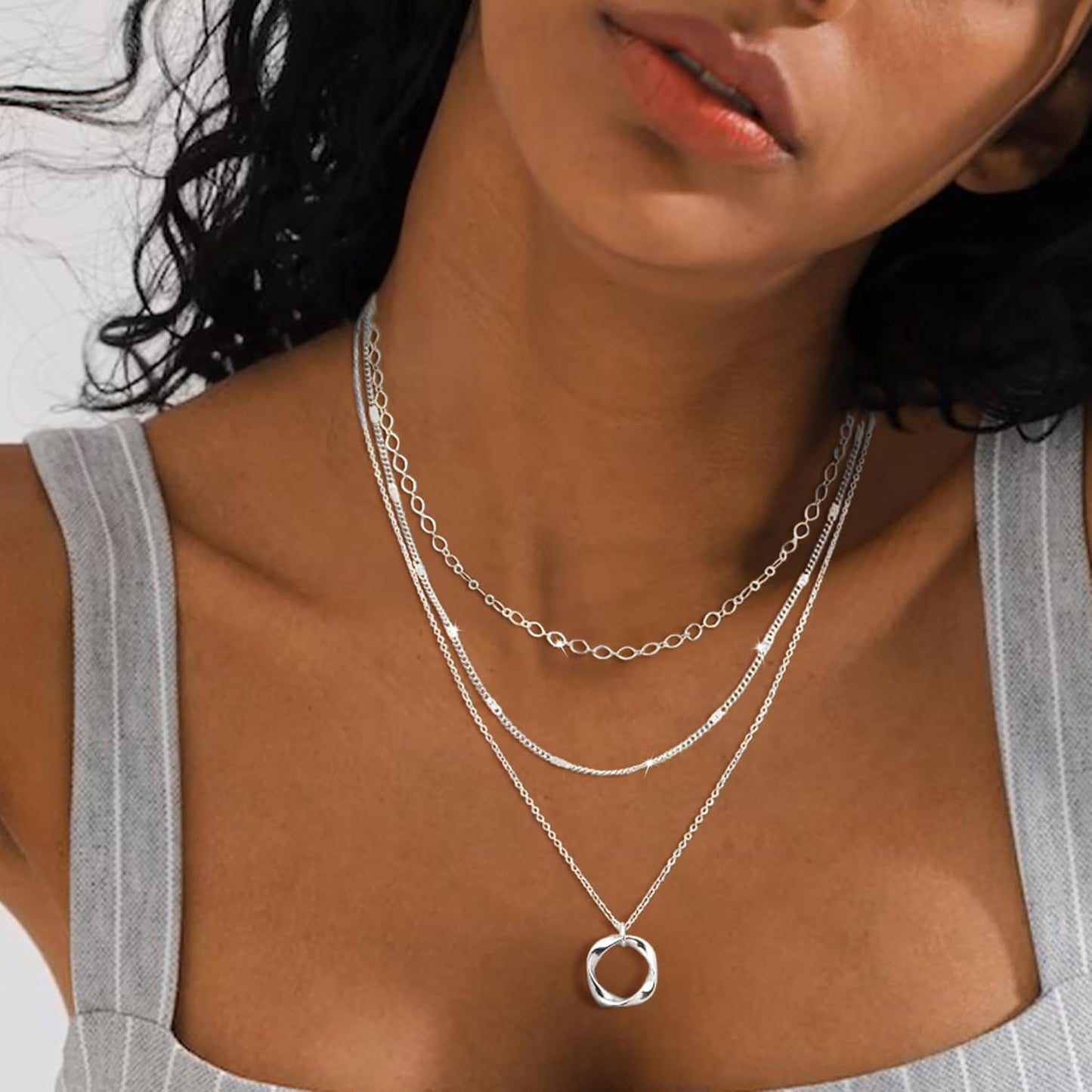 Layered Silver Necklaces for Women, Sterling Silver Stackable Stack Choker Necklaces for Women Trendy Layering Circle Pendant Chain Necklace Set Jewelry for Women