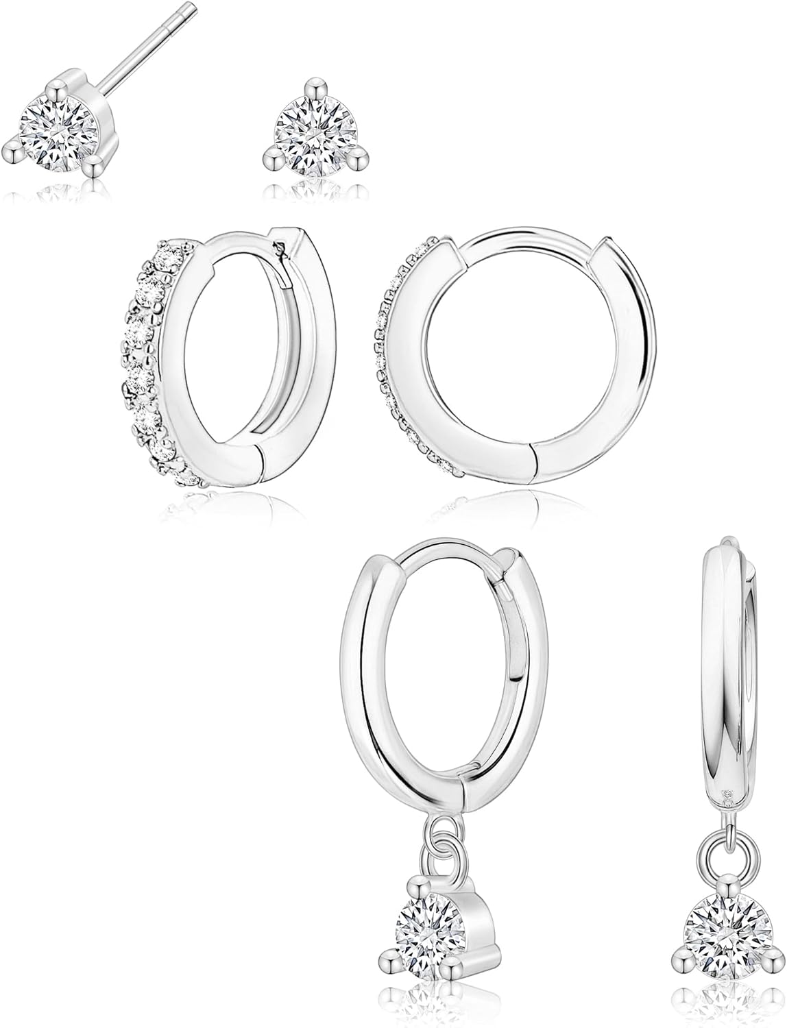 Small Sterling Silver Hoop Huggie Earrings Set for Women, Silver Stud Earrings for Multiple Piercing Hypoallergenic Trendy Jewelry, Dainty Jackets Cartilage Cubic Zircon Earrings for Women's Gifts