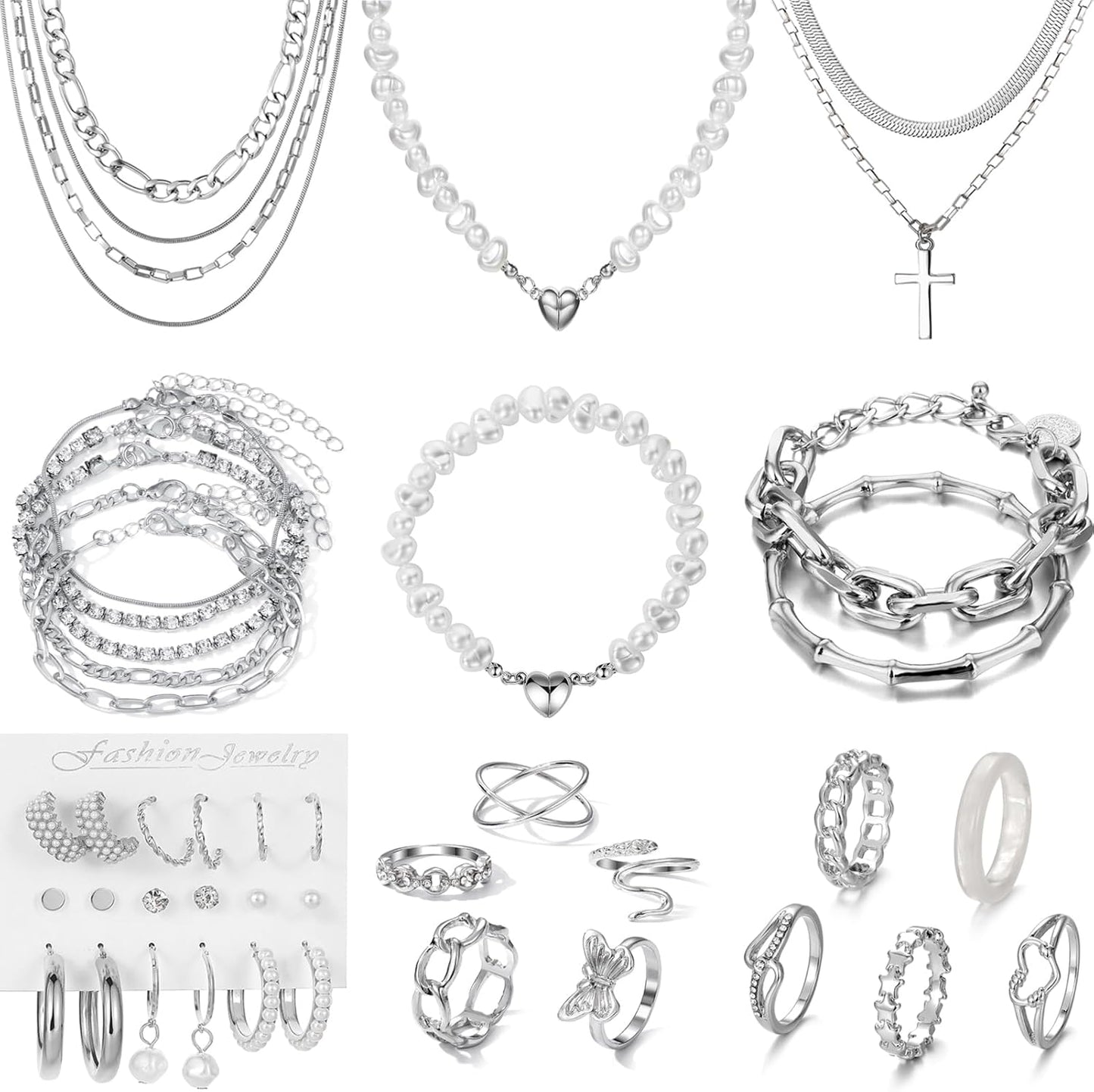 43 PCS Silver Jewelry Set for Women,Ball Dangle Hoop Earrings,Multi Layered Bracelets,Stackable Knuckle Rings,Adjustable Dainty Necklaces,Anniversary Valentine Fashion Trendy Party Gift Pack