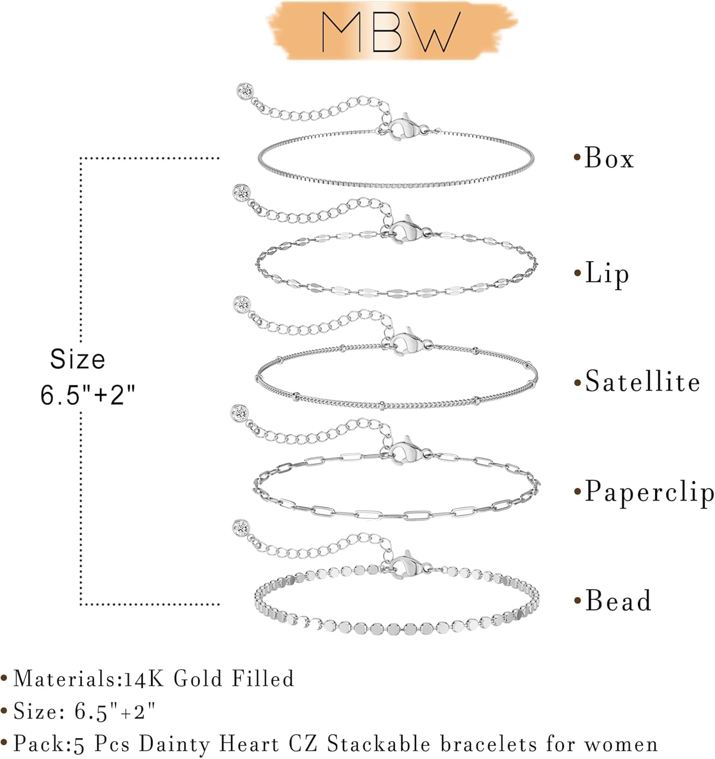 MBW Silver Bracelets for Women, Dainty Silver Bracelets for Women Set 14K Silver Bracelet Stack Waterproof Jewelry for Women Trendy Minimalist Simple Small Thin Bracelet Set for Women Gift