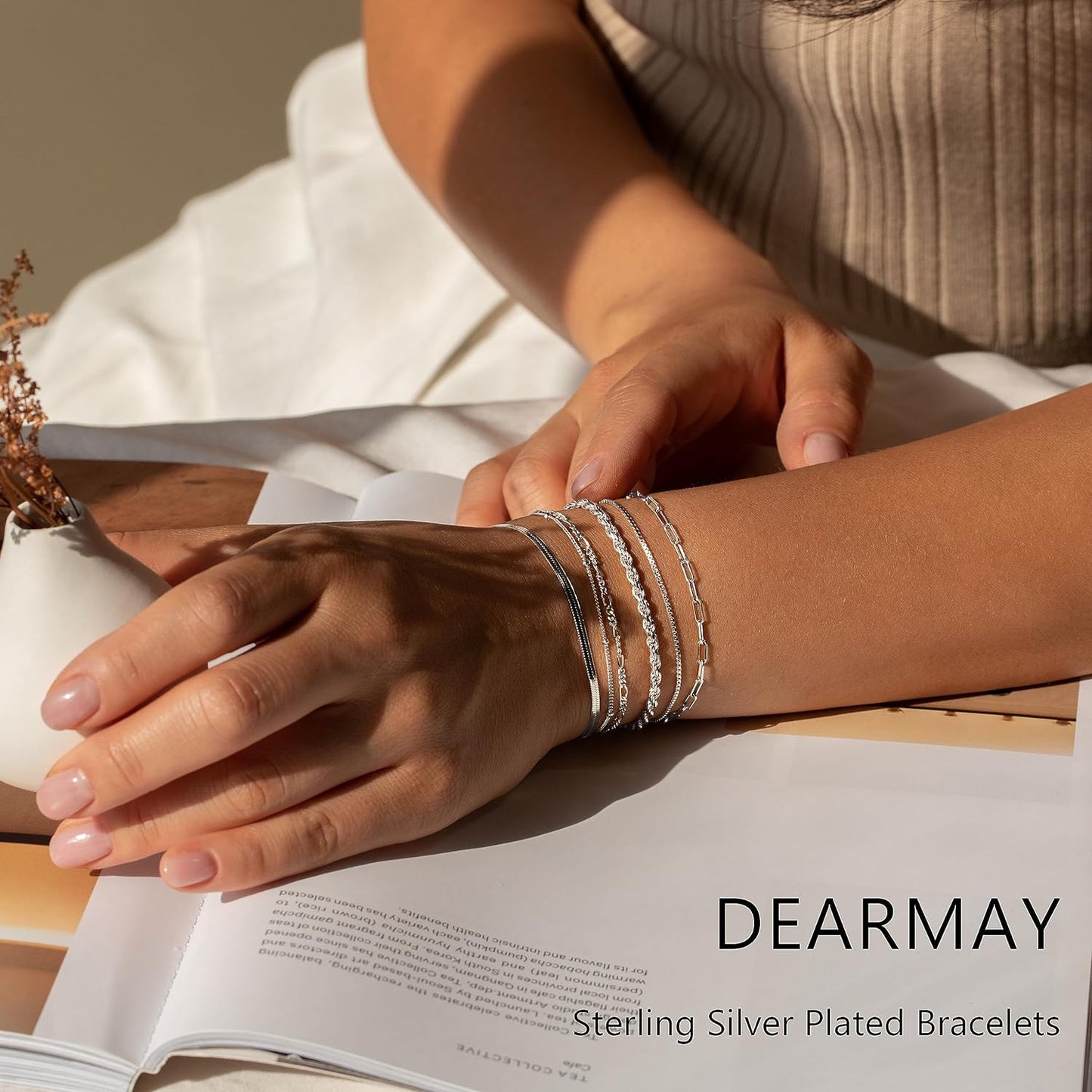 DEARMAY Dainty Silver Bracelets for Women Trendy, 925 Sterling Silver Jewelry Set for Women Bracelets for Women Paperclip Box Herringbone Figaro Rope Chain Bracelet Fashion Pack Gifts for Women