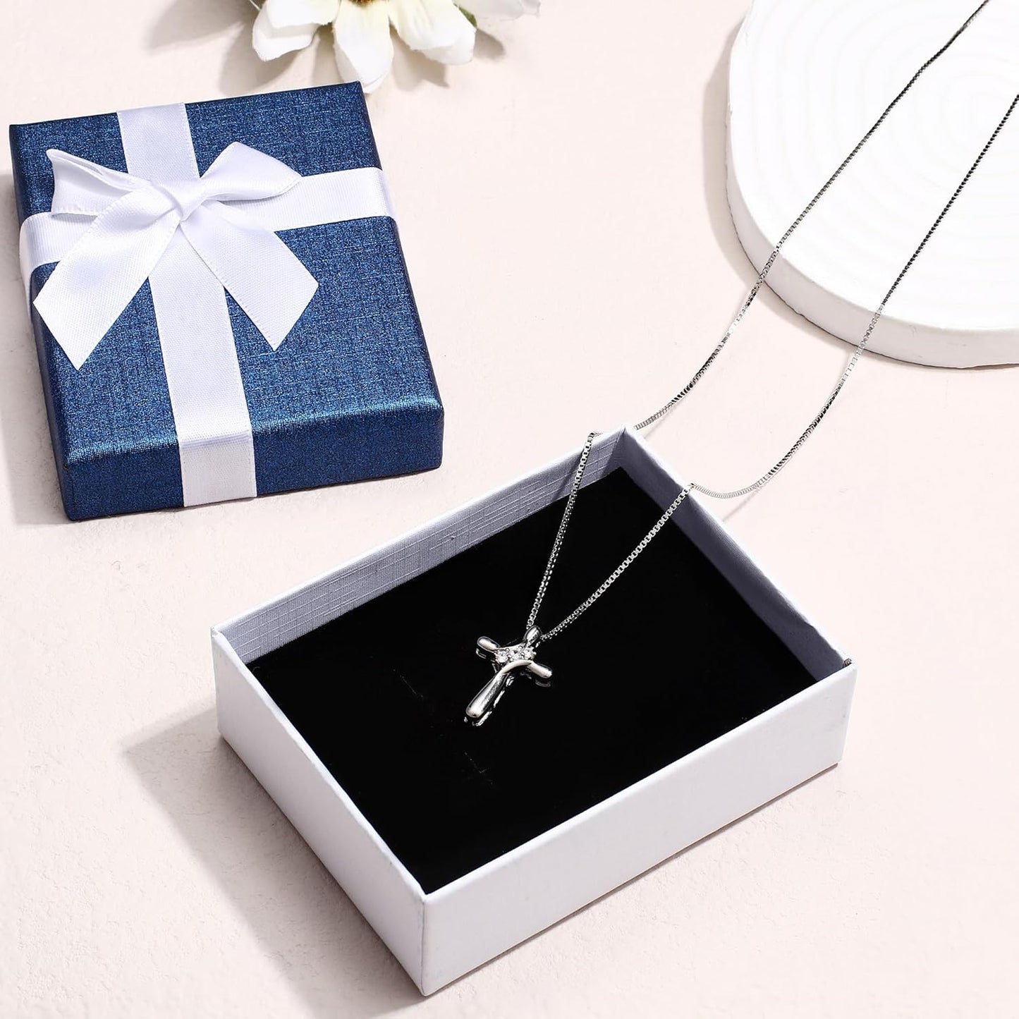 FUNRUN JEWELRY 925 Sterling Silver Cross Necklace for Women 3 Stone Cubic Zirconia Silver Cross Pendant Necklaces with 1 MM Box Chain,18 Inches