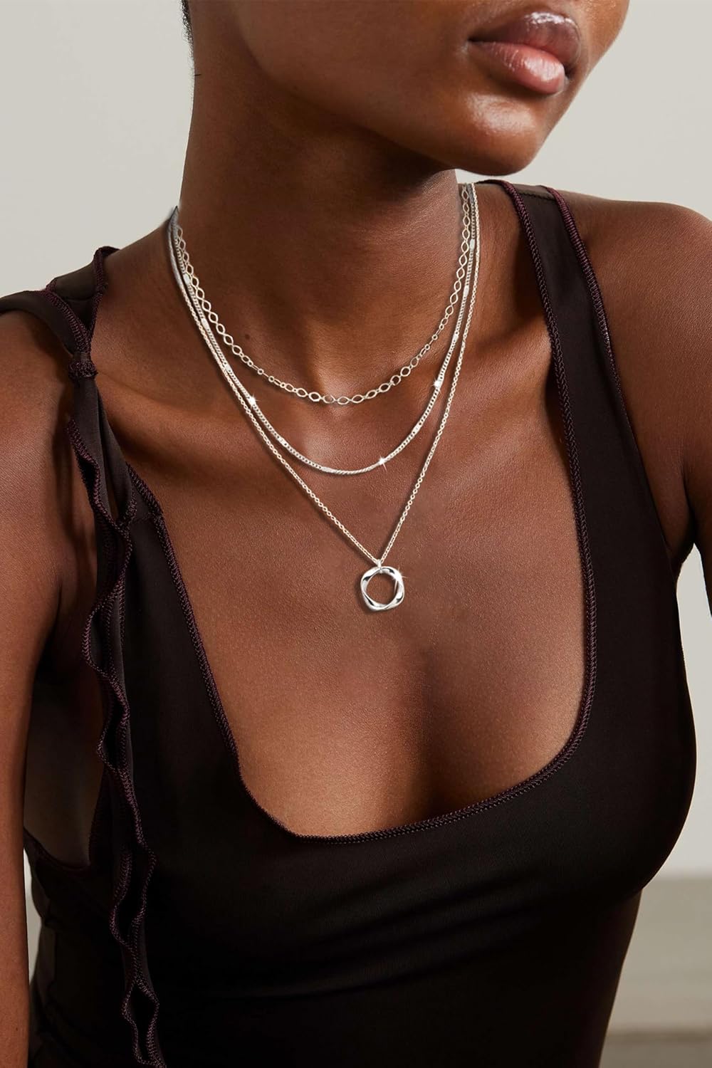 Layered Silver Necklaces for Women, Sterling Silver Stackable Stack Choker Necklaces for Women Trendy Layering Circle Pendant Chain Necklace Set Jewelry for Women